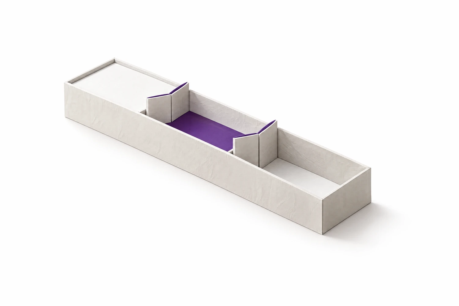 Eine lange, offene Schleuse aus gefaltetem weißem Papier mit zwei geschlossenen Toren. In der mittleren Kammer steht das Wasser tiefer als links und höher als rechts, es ist violett.