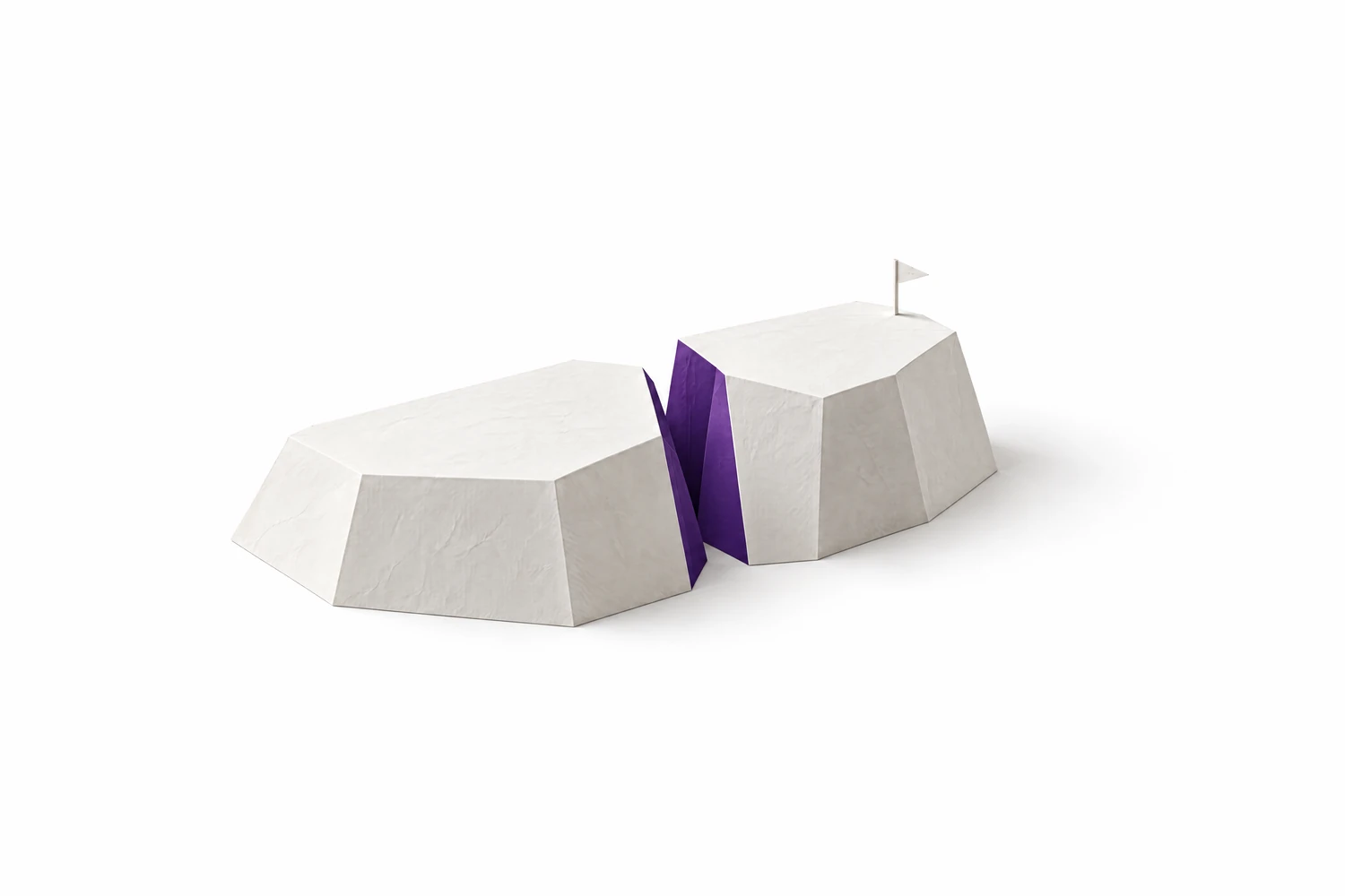 Zwei flache Plateaus aus gefaltetem weißem Papier, dazwischen ein schmaler, tiefer Spalt, innen violett. Auf dem rechten, höheren Plateau steht eine kleine Fahne aus Papier.